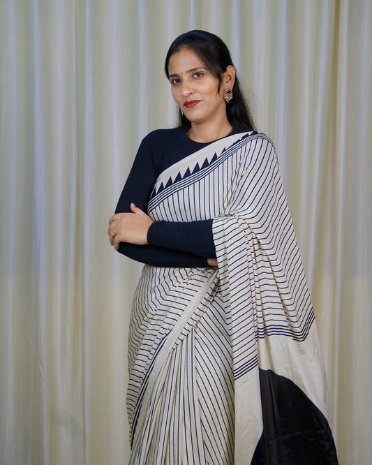 Exclusive Black & White Stripe Ajrakh Saree – Handcrafted Elegance