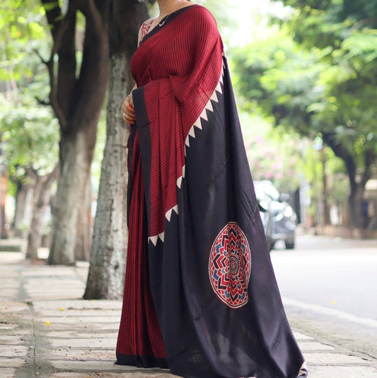Red Black Ajrakh Silk Saree
