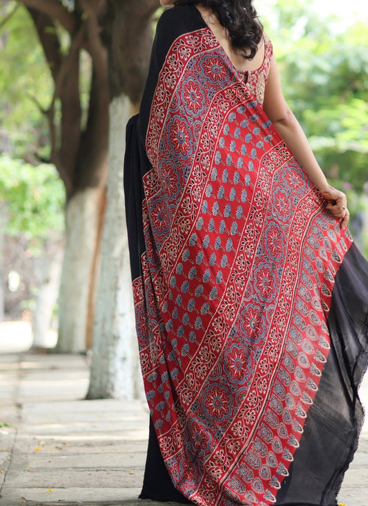 Black Ajrakh Silk Saree