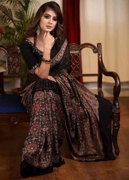 elegant and rich ajrakh design Midnight Bloom Saree