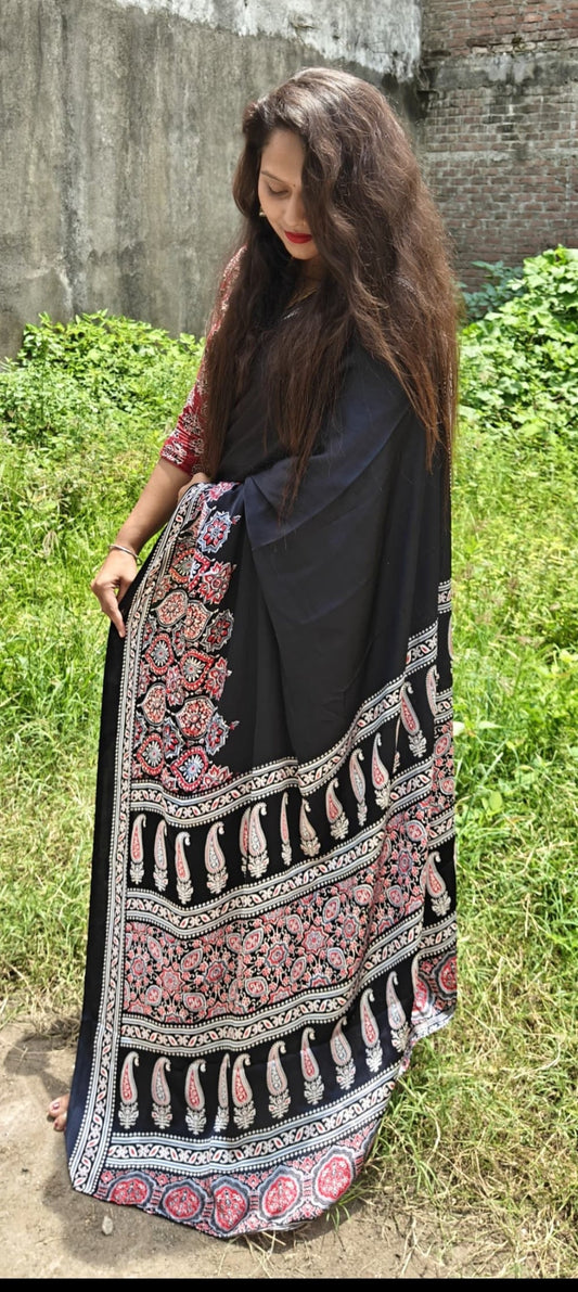 BLACK COLOR HALF AND HALF AJRAKH SAREE
