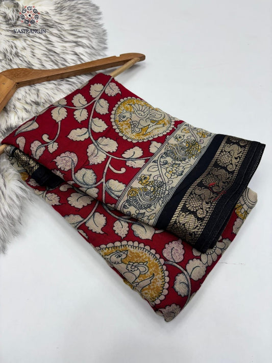 New Pure Red Mangalkari Viscouse Silk Print n Weaving Work Fancy Designer Festive Wear Saree for Women