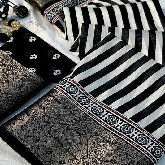 ELEGANT BLACK AND WHITE AJRAKH PALLU WITH BEAUTIFULL WEVING BORDER SAREE