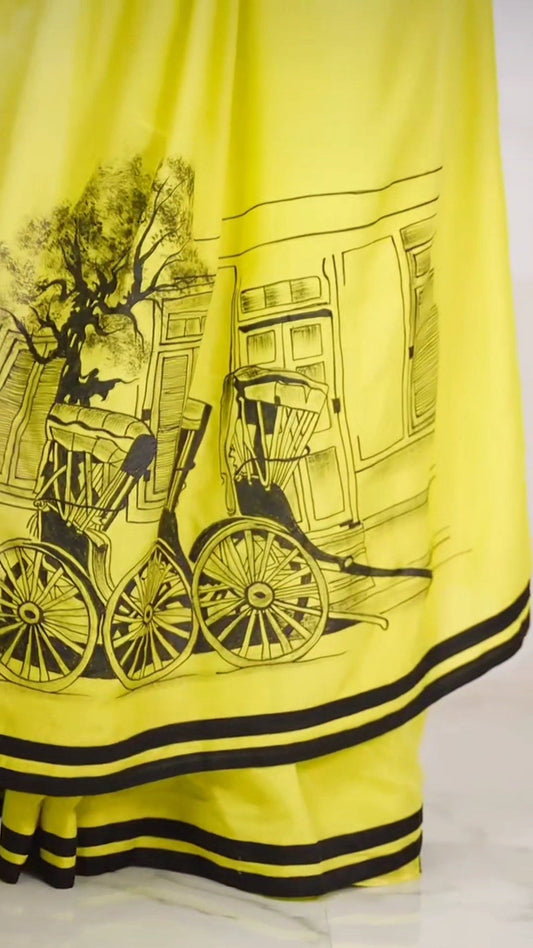 CELEBRITY WEAR LIME YELLOW COLOR NATURE PRINTED SAREE.