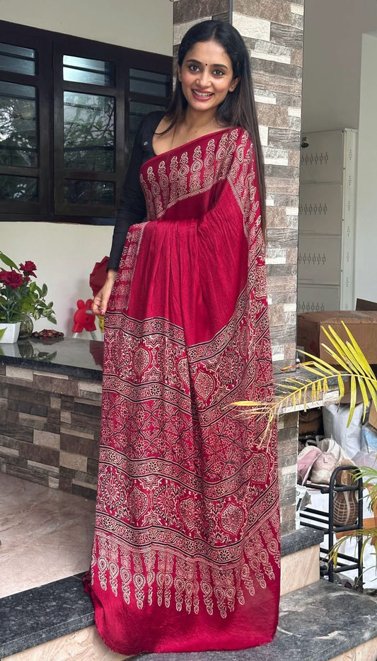 RED AJRAKH SAREE.