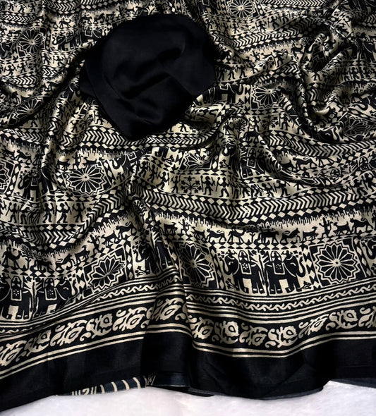 BLACK COLOR WITH WHITE BORDER KALAMKARI SAREE